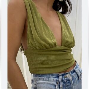 Et Clet Sage Plunge Deep V Neck Green Crop Tank Top Ruched Coquette Flirty S